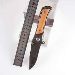 Outdoor Laser Patterned Camping Portable Olive Wood Handle Folding Self-Defense Tactical Knife 498832