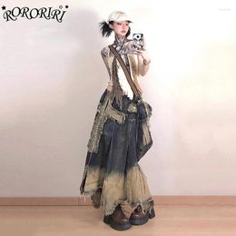 Skirts RORORIRI Big Size Stitch Cross Frayed Denim Skirt Women Bandage Distressed Irregular Hem Long Jeans Vintage Y2k Streetwear