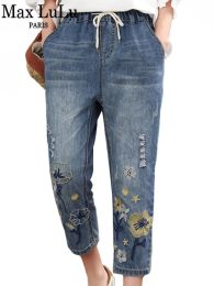 Jeans Max LuLu 2022 Chinese Summer Fashion Style Ladies Vintage Embroidery Jeans Women Casual Floral Denim Trousers Ripped Harem Pants