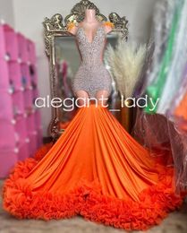 Orange Long Mermaid Sparkly Prom Formal Dresses for Women 2024 Luxury Diamond Crystal Feather Evening Birthday Gala Gown