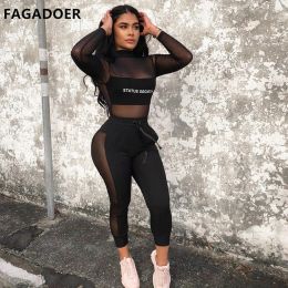 Suits FAGADOER Sexy Sheer Mesh Two Piece Set Women Long Sleeve Top And Bodycon Pants Outfits Autumn Nigthclub Party 2pcs Matching Suit