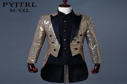 PYJTRL 2018 Men Gold Silver Red Blue Black Sequin Slim Fit Tailcoat Stage Singer Prom Dresses Costume Wedding Groom Suit Jacket5967594