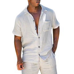 Mens 2-piece linen set short sleeved lapel shirt with pockets and shorts summer beach pants all mens set slim fit 240305