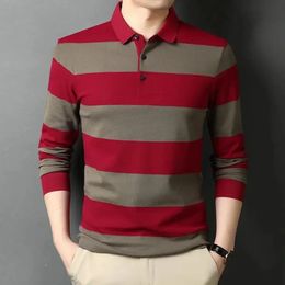 Autumn Long Sleeved Polo Shirts Mens Lapel Button Print Stripe Korean Fashion Loose Casual Versatile Simple Stripe Top 240229