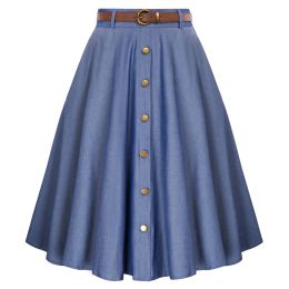 skirt BP Women Swing Skirt With Belt And Pockets Elastic High Waist Buttons Midi Skirts Vintage Spring Summer Button Front Midi Skirt