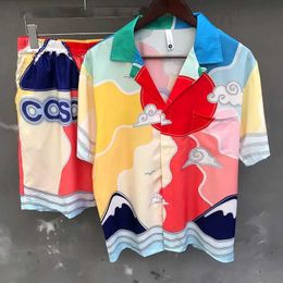 Men's Tracksuits Mens Tracksuits Summer Shirt+Shorts Mens Clothing Colour Combination Printed Shirt Set Casual Loose Beach Short Sleeve Set J240305
