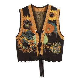 Waistcoats Winter New Knitted Vest Women's Autumn VNeck Ethnic Style v Sunflower Sweater Vest knit vest Cotton Outerwear & Coats