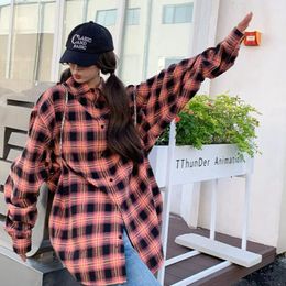 Women's Blouses Plaid Shirt Women Baggy Chic Single Breasted Autumn Square Collar Long Sleeved Coat Harajuku Unisex