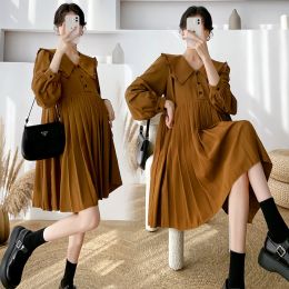 Dresses Black Khaki Long Sleeve TurnDown Collar High Waist Maternity Pleated Dress Loose Fashion Pregnant Woman Chiffon Dress Formal