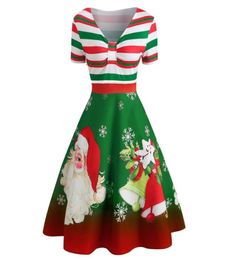 robe de noel christmas dress women xmas Santa Claus Stripe Print VNeck Vintage Swing Party mini Dresses kerst jurk3040341