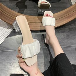 Slippers Versatile Solid Colour Female Summer Wear 2024 Fashion Fairy Style Crystal Thick Heel Square Sandals