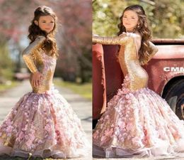 Sparkling Sequined Little Girl039s Pageant Dresses Long Sleeves V Backless Handmade Flowers Flower Girls Dresses for Weddings5833433