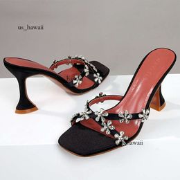 Shiny Crystal Flowers Decorative Design 2023 Summer Sweet Elegant Ladies Slippers Slide High Heel Sandals Women