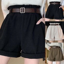 Women's Shorts Y2K Pants Women Corduroy Sweatpants Summer Rolled Up Solid Color Elastic Waist With Belt Harajuku Wide Leg Short