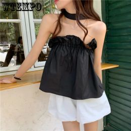 Camis Girl Sexy Strap Vest Solid Top Temperament Hanging Neck Tube Top Women Tops Backless Summer Tshirt Pleated Off Shoulder Blouse