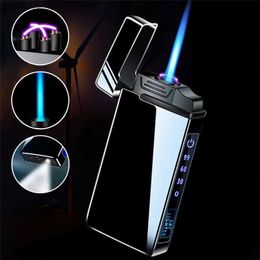 Lighters 3-in-1 jet lamp metal windproof and flameless electric lamp power display USB charging plasma butane gas lamp with flashing light Q240305