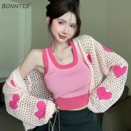 Cardigans Hollow Out Pink Heart Cardigans Women Panelled Preppy Hotsweet Loose Cozy Allmatch Thin Sunproof Fashion Korean Style Girlish