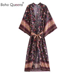 Cover-up Boho Queens Women Black Floral Print Beach Bohemian Kimono Ladies V Neck Sashes Summer Happie Robe Bikini Coverup