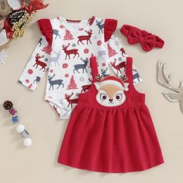 Sets Citgeett Autumn Christmas Infant Baby Girls Outfit Print Ribbed Romper and Corduroy Suspender Dress Cute Headband Fall Clothes