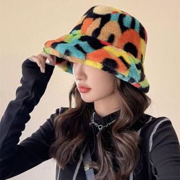 Wide Brim Hats Designer Leopard Rainbow Color Faux Fur Bucket Hat Women Autumn Winter Outdoor Fluffy Warm Fashion Casual Fisherman2226