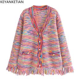 Cardigans KEYANKETIAN Autumn Rainbow Color Knitted Sweater Women Fashion Tassel Decoration Cardigan Vintage SingleBreasted Causal Tops