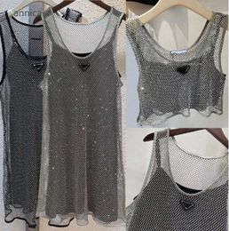 Casual Dresses Designer Sleeveless Womens Hollowed Black Satin Sling Rhinestone Shiny Hollow Vest 2pcs Set Denim Bra Tops Size S-L66644