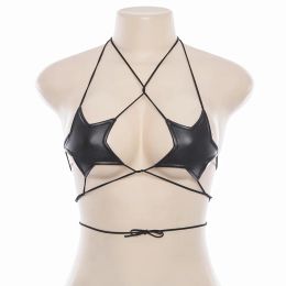 Camis Gothic Stars Bralette Halter PU leather Camisole Crop Top Women Bandage Camis Female Summer Backless Short Bustier Strapless Tee