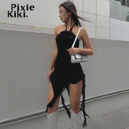 Dress PixieKiki 3d Floral Applique Asymmetrical Ruffle Dress for Womens Y2k Sexy Summer Black Halter Mini Dresses P66CE17