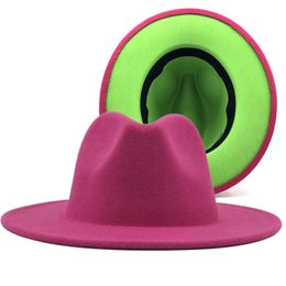 Wide Brim Hats Rose Unisex Outer Inner Green Wool Felt Jazz Fedora With Thin Belt Buckle Men Women Panama Trilby Cap L XL302r