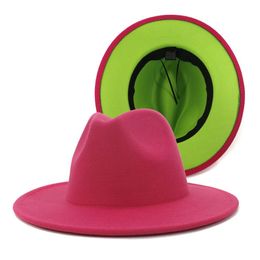 2020 New Pink and Lime Patchwork Wool Felt Fedora Hats Women Large Brim Panama Trilby Jazz Cap Derby Hat Sombrero Mujer2720
