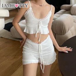 Sets IAMHOTTY Sweet Lace Patchwork Crop Top And Ruffle Shorts Two Pieces Set Women Cute Laceup Camis And High Waist Hot Pants Suit