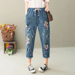 Jeans Womens Vintage Floral Loose Denim Pants 2022 Spring Chinese Style Casual Ripped Blue Jeans Holes Elastic Harem Trousers