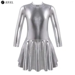 Stage Wear Kids Girls Shiny Metallic Long Sleeve Swing Dress Ballet Dance Ballroom Competition Jazz Hip Hop Performance Costume