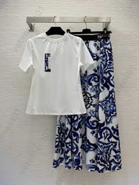 Top designer outfits summer two piece dress set Patch Embroidered Logo Short Sleeved T-shirt Top And Blue white porcelain printing High Waisted Skirt womens clothing