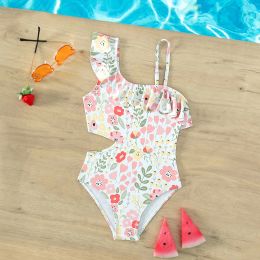 Swimwear One Piece Oblique Shoulder Swimwear Girl's Printed Kids Swimsuit Ruffles Bathing Suit Children Swim Wear Monokini Bandeau Bikini