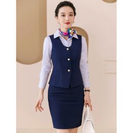 Suits Fashion Waistcoat Vest Women Business Suits 2 Piece Skirt and Top Sets Office Ladies Work Uniform OL Styles Navy Blue