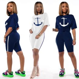 Sets women Boat Anchor Print female twopiece shortsleeved tshirts printed navy suits anchor twopiece shorts suit Casual fahion