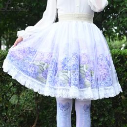 skirt Sweet Hydrangea Printed Short Skirt Mori Girl A line Elastic Waist Skater Skirt for Women