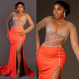 African Nigeria Aso Ebi Prom Dresses Plus Size Illusion Mermaid Evening Dresses Long Sleeves Tulle Beaded Sexy Side Split Women Formal Dresses for Black Girls AM482