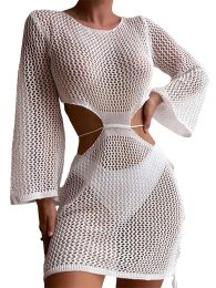 Cover-up Kimydreama Women Beach Bikini CoverUps Dress Long Sleeve Crochet SeeThrough Hollow Out Knitted Mini Dress Swimsuits