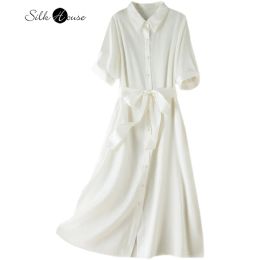 Dress Light Luxury Silk Pearl Satin Dress Women's Short Sleeve Summer Loose Temperament Mulberry Silk Medium Length Aline Shirt Dress