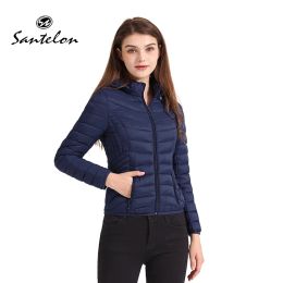 Parkas SANTELON Winter Women Soild Short Warm Padded Puffer Jacket Coat With Detachable Hood Female Outdoor Clothing Ultralight Outwear