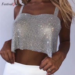 Camis Bling Rhinestones Party Crop Top 2023 Fashion Solid Backless Straps Full Diamonds Sequins Cami Cropped Glitter Top for Women