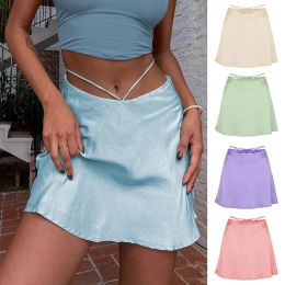 Skirts Mini Skirt 2022 New Solid Colour Sexy Satin Skirt Fashion Navel Tie Zipper Short Skirt Ladies Skirt