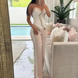 Women's Two Piece Pants Women Casual Suit Chic Sleeveless Top High Waist Set With Chain Shoulder Strap V-neck Backless Design Elegant Ol