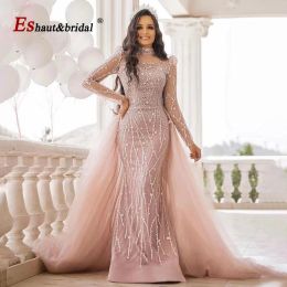 Dresses Elegant Pink Muslim Mermaid Evening Dress for Women 2023 Long Sleeves High Neck Beads Sequin Formal Prom Wedding Party Gowns