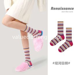 Renaissance womens socks striped color blocking printing thickened mid length socks winter new warm Xinjiang cotton socks children