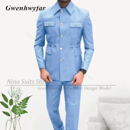 Suits G&N Square Collar Africa Style Men Suits Gold Button Blazer Pants 2023 Elegant Sky Blue Business Men Formal Prom Tuxedos 2 Pics