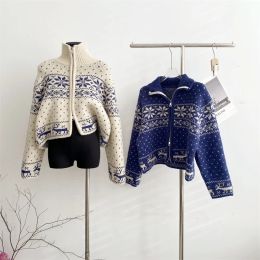 Cardigans Women's Chic Snowflake Print Long Sleeve Zipper Short Cardigan Lady Turn Down Collar Loose Cardigan Outwear