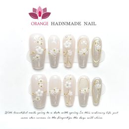 Presse on Nail Tips Full Cover With Designed Flower Deco Handwork High Quality Wearable Ballerina Artificial Korean Art 240229